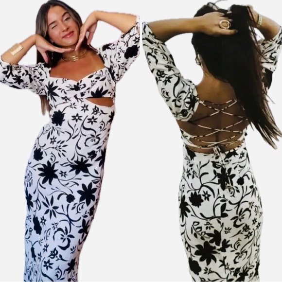 ZARA Linen Blend Floral Midi Dress Black and White, Size Medium, NWOT - Picture 1 of 12